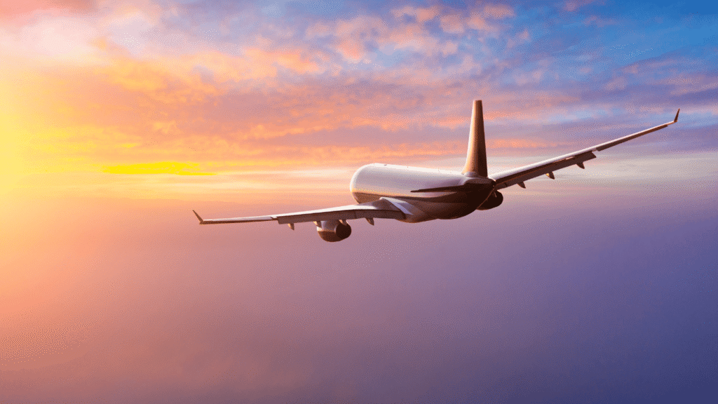 Avión volando en el amanecer/atardecer